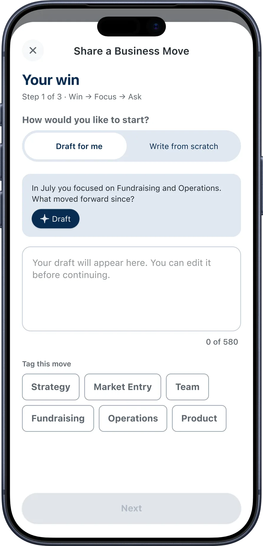 Earlier update flow titled Share a Business Move, offering Draft for me or Write from scratch above an empty draft area